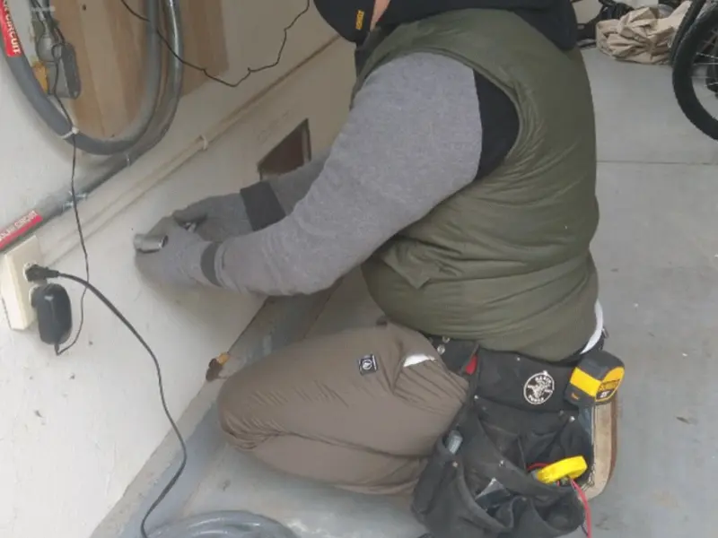 Electrician performing outlet wiring in a Ashby garage